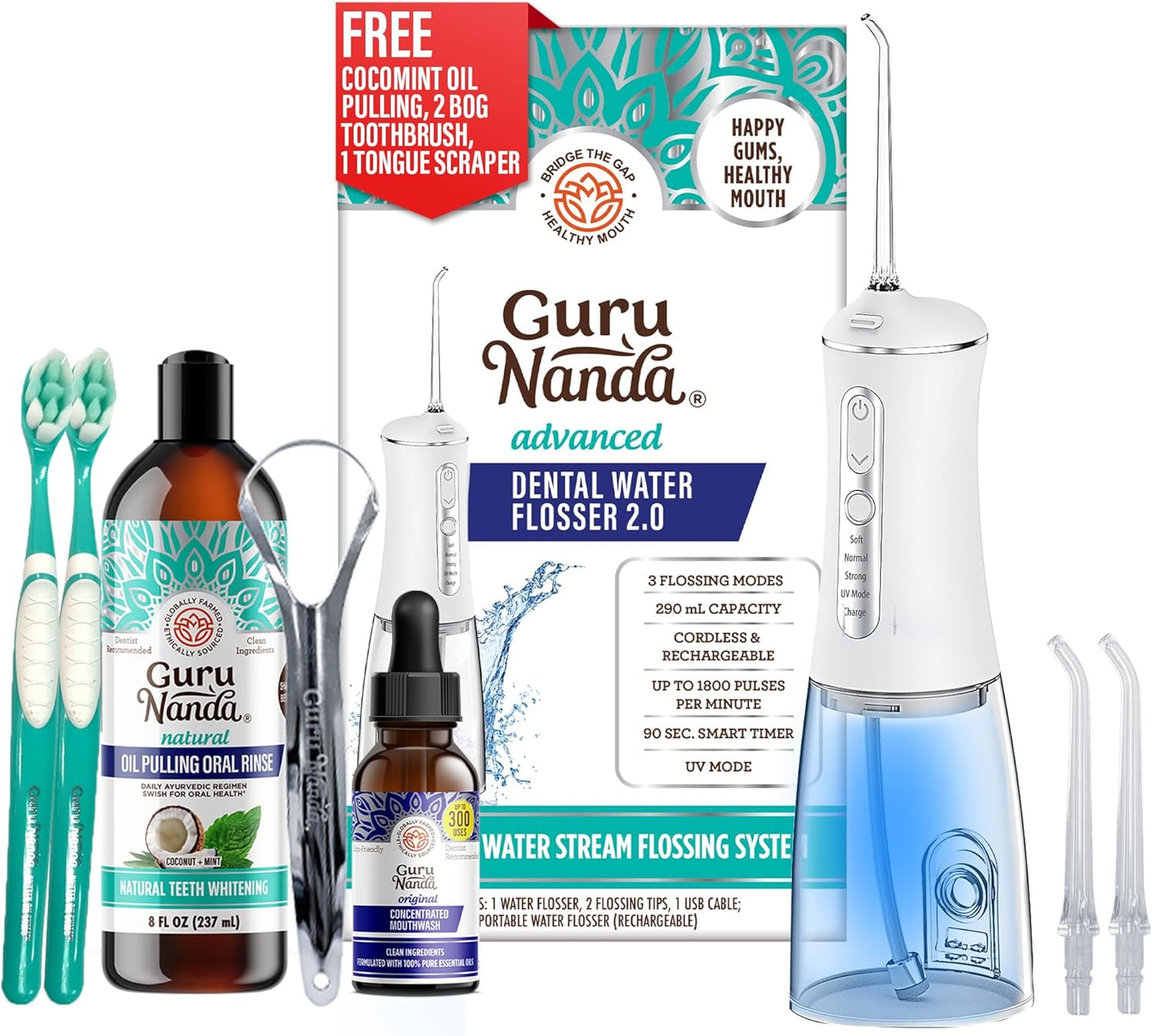 GuruNanda Gums of Steel Kit – Advanced Dental Water Flosser (UV Mode), Concentrated Mouthwash, Cocomint Pulling Oil, Butter on Gums Toothbrush & Tongue Scraper for Overall Oral Hygiene