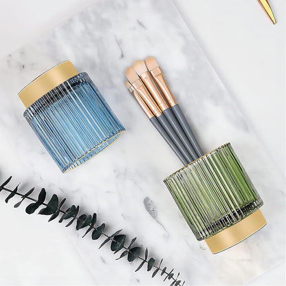 DASITON Makeup Brush holder Organizer,Crystal Cosmetic Makeup Brush Glass Brushes Storage Holder, Vintage Make Up Brush Cup Pen Pencil Holder striped vase(Blue S)