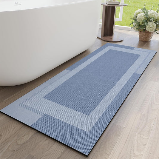 Non Slip Long Bathroom Runner Rug Bath Mat, Rubber Backing Ultra Thin Bathroom Rugs Fit Under Door Quick Dry Super Absorbent Washable Shower Mat for Bathtub Sink Floor, Blue 17"x59"