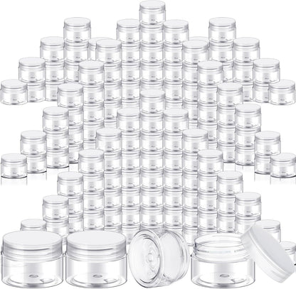 SATINIOR 100 Pcs Plastic Jars with Lids Small Containers Lids Wide Mouth Small Plastic Containers for Lotion Cream Rhinestones Body Butters Travel Storage(1 oz,Clear)