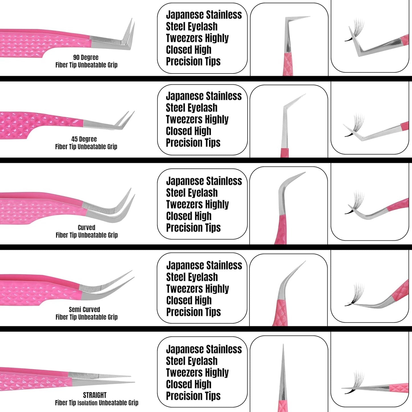 HADIZ Fiber Tip Eyelash Extension tweezers Lash Tweezer Japanese Steel set of five (Raspberry)