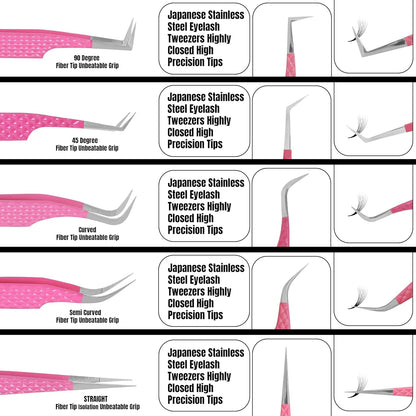 HADIZ Fiber Tip Eyelash Extension tweezers Lash Tweezer Japanese Steel set of five (Raspberry)