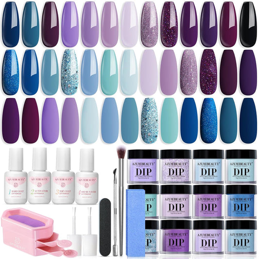 AZUREBEAUTY Dip Powder Nail Kit Starter, 20 Colors Purple Blue Glitter Dipping Powder Recycling Tray Essential Liquid Set Base Top Coat Activator French Dip Nails Art Manicure Beginner Salon 31 Pcs