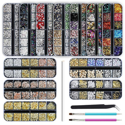 Artdone 12 boxes Nail Rhinestones,Nail Gems Nail Diamonds,Nail Art Studs Nail Crystals Nail Sequins for Nails Kit with 1 Tweezers and 3 Pen for Nail Art Supplies Accessories……