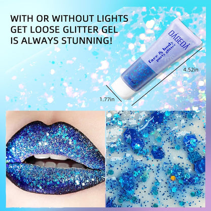 DAGEDA Body Glitter Gel, Face Glitters Body Gel Sequins Shimmer Liquid Eyeshadow, Chunky Glitter for Face Hair Nails, Holographic Cosmetic Laser Powder Festival Glitter Makeup 50ml(Blue)