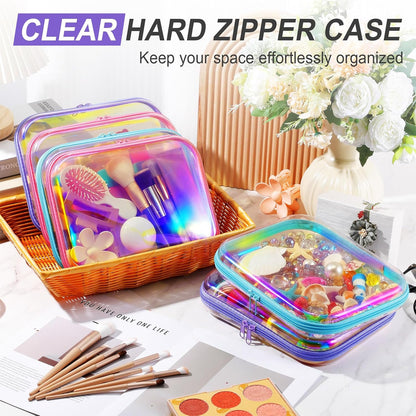 Sanwuta 6 Pcs Clear Hard Zipper Case Pencil Pouches Hard Plastic Zipper Pouches Makeup Bag Transparent Cases for Snacks Plastic Storage Organizer Box for Travel(Holographic,9.84 x 7.87 x 2 Inch)