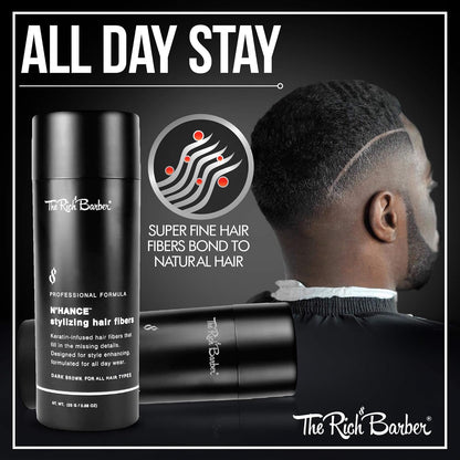 The Rich Barber N’Hance Hair Building Fibers, 3 Month Supply - Barber Hair Thickening Fibers, 25 grams - Grey Hair Concealer Spray - Sharper Hairlines, Thicker Beard & Fuller Hairstyling (Dark Brown)