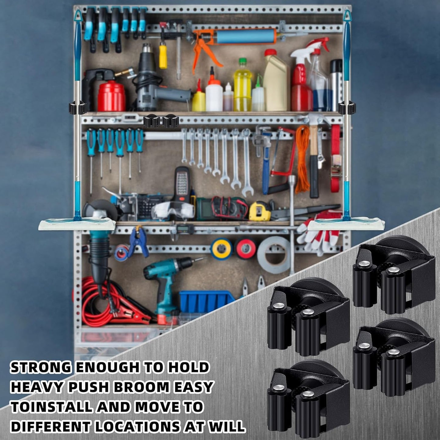 8 Pcs Magnetic Mop Broom Holder Movable Magnetic Broom Holder Rack, Anti Slip Wall Mounted Utility for Cleaning Tools, Garage, Kitchen, Laundry, Garden (Black)