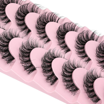 JIMIRE Eyelashes with Clear Band Wispy Curly 15mm 3D Faux Mink Lashes Fluffy Natural Volume Cat Eye Fake Lashes 7 Pairs Pack