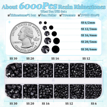 6000Pcs Resin Rhinestones for Bedazzling with 3Pcs B7000 Jewelry Glue, 1 Box Black Flatback Rhinestones for Crafting Crafts DIY, Crystals Gems for Clothing Shoes Tumblers Nail Art Makeup