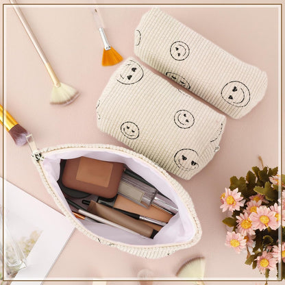 3 Pcs Makeup Bag Set for Women Corduroy Cosmetic Pouch Aesthetic Smile Travel Toiletry Bag Cute Purse Pouch Pencil Case Makeup Brushes Storage Organizer for Christmas(Beige,Smile Face)
