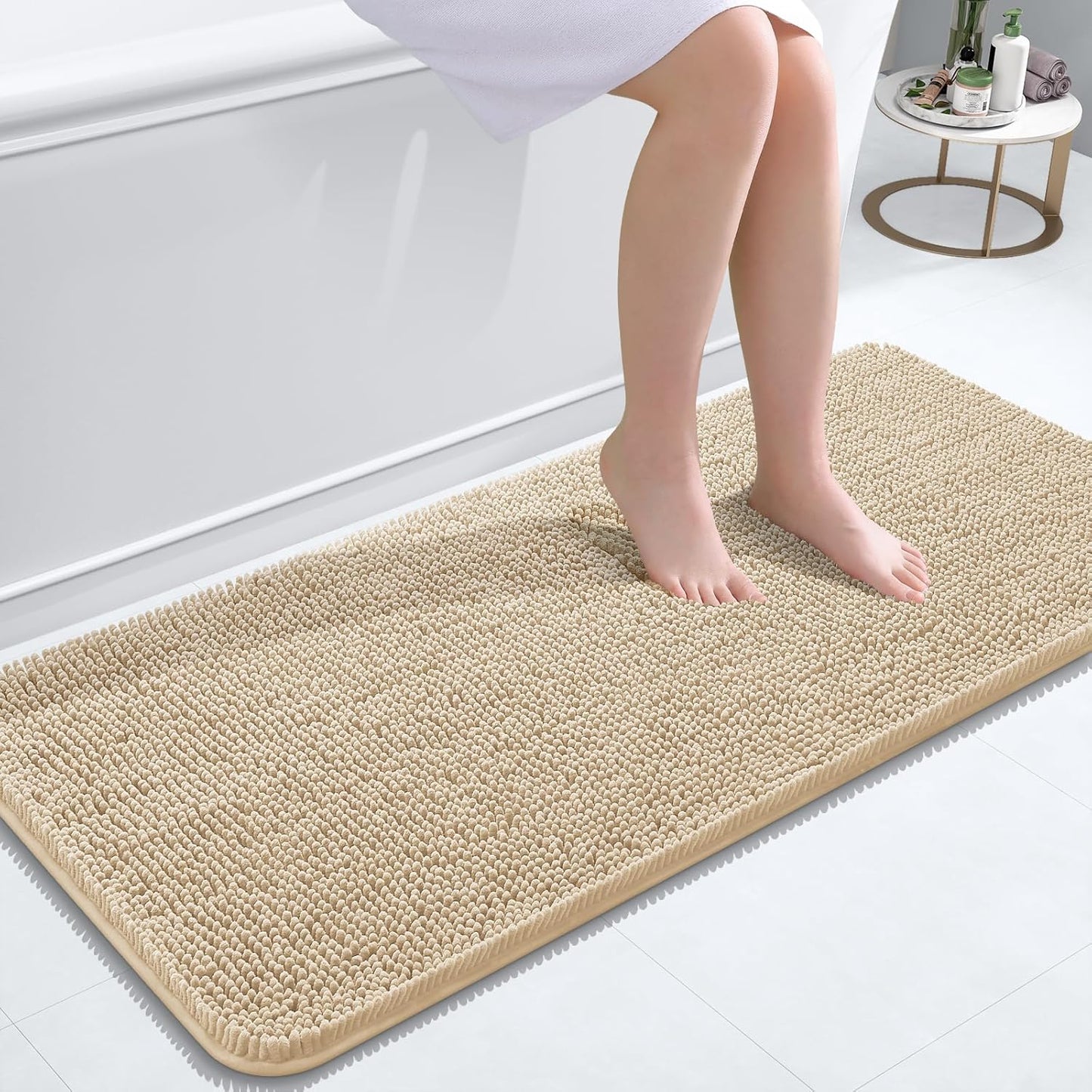 OLANLY Bathroom Rugs 47x20, Extra Soft Absorbent Chenille Bath Rugs, Rubber Backing Quick Dry, Machine Washable Bath Mats for Bathroom Floor, Tub and Shower, Home Decor Accessories, Beige