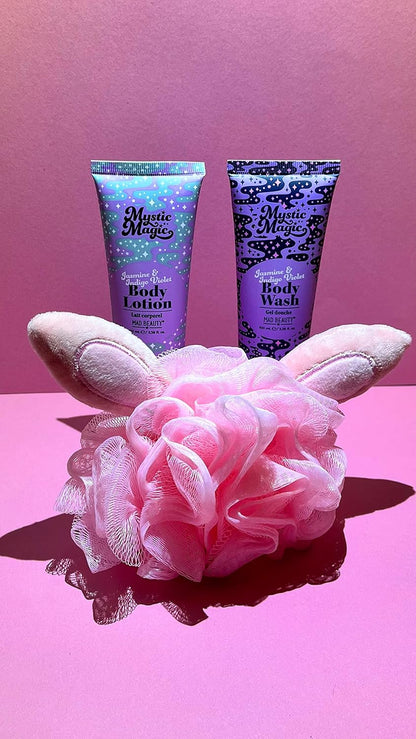 MAD BEAUTY Mystic Magic Rabbit in the Hat Body Trio, 3-in-1 Bath Kit: Exfoliating Loofah, Body Lotion, & Body Wash, Gorgeous Jasmine & Indigo Violet, Relax & Unwind, Great Self-Care Gift Set