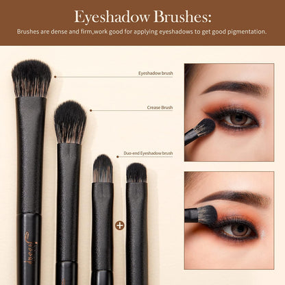 Jessup Eyeshadow Brush Set, 10Pcs Eye Makeup Brushes Professional for Blending Eye Shadow Liner Crease, Duo-end Brow Brush, Elegant Black T337