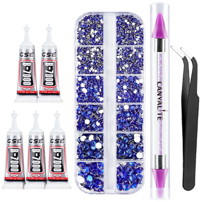 Canvalite 2784PCS Blue Rhinestones Flatback Gems, Nail Rhinestones Nail Art Gems with Glues, Pick Up Tweezers and Rhinestone Picker Dotting Pen, Nail Art Tools for Nails, Clothes, Face, Crafts