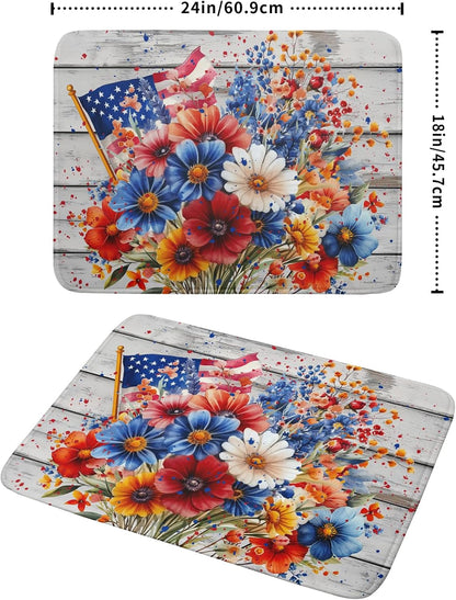 4th of July Dish Drying Mat 18x24 inch Patriotic Floral Fast Dry Microfiber Reversible Dish Drainer Rack Pad Kitchen Counter Accessories