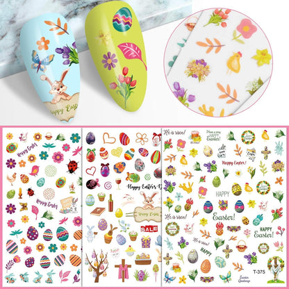 Kalolary 8 Sheet Easter Nail Art Stickers Self Adhesive Easter Nail Stickers DIY Nail Decals Bunny Eggs Chick Rabbits Flower Nail Design Sticker Nail Decoration for Women Girls Kids