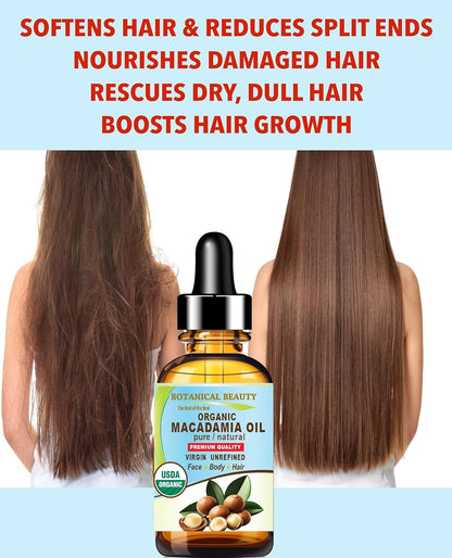 Botanical Beauty Organic MACADAMIA OIL 100% Pure Natural VIRGIN UNREFINED Cold-Pressed Carrier Oil for Face, Skin, Body, Hair, Lip, Nails. Rich in Vitamin E (2 Fl Oz)