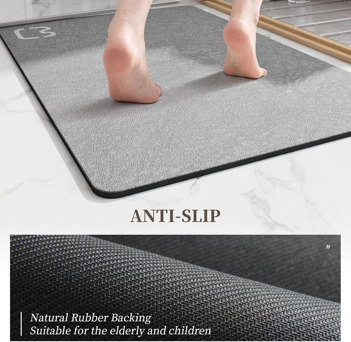 Grey Bath Mat 17" x 59" Extra Long Bathroom Mat Large Fast Dry Super Absorbent Non-Slip Rubber Backed Shower Mat Bath Rugs Mats for Bathroom Floor, Tub, Shower, Sink, Gray