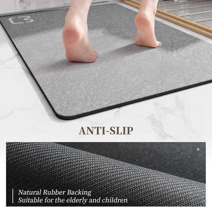 Bath Mat Rugs Quick Dry Super Absorbent Diatomaceous Earth Bath Mat Non Slip Rubber Bottom Thin Bathroom Mat Fit Under Door, Floor Rugs in Front of Bathtub,Shower Room,Sink, 17 x 32, Grey