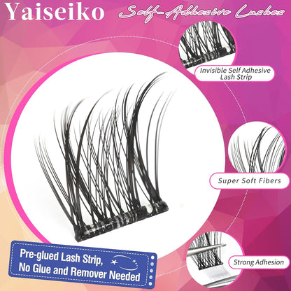 Self Adhesive Eyelashes Kit Wispy Eyelash Extension Self Adhesive Lashes Reusable Press on Lashes No Glue Needed Lash Clusters 10-16mm D Curl Pre Glued Eyelashes Clusters(A01,110Pcs)