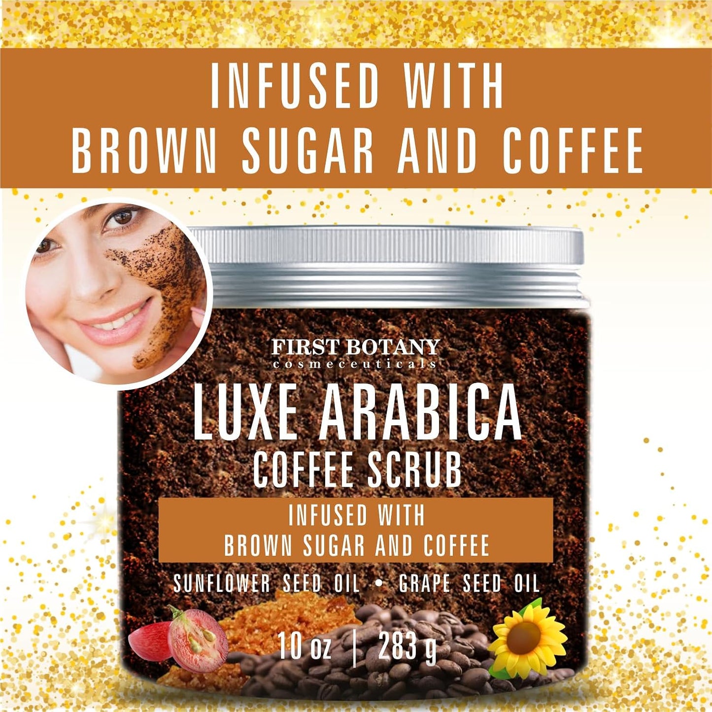 First Botany Body Scrub - Natural Exfoliating Sugar Scrub & Body and Face Souffle helps with Moisturizing Skin, Acne, Cellulite, Dead Skin Scars, Wrinkles (10 fl oz, Brown Sugar + Coffee)