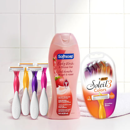 Softsoap Body Wash & Gel Strawberry, 20oz, pack of 4 + BIC Soleil Smooth Colors Women's Disposable Razors With Vitamin E Lubricating Strip for Enhanced Glide, Great Stocking Stuffer, 14-Count Gift Set