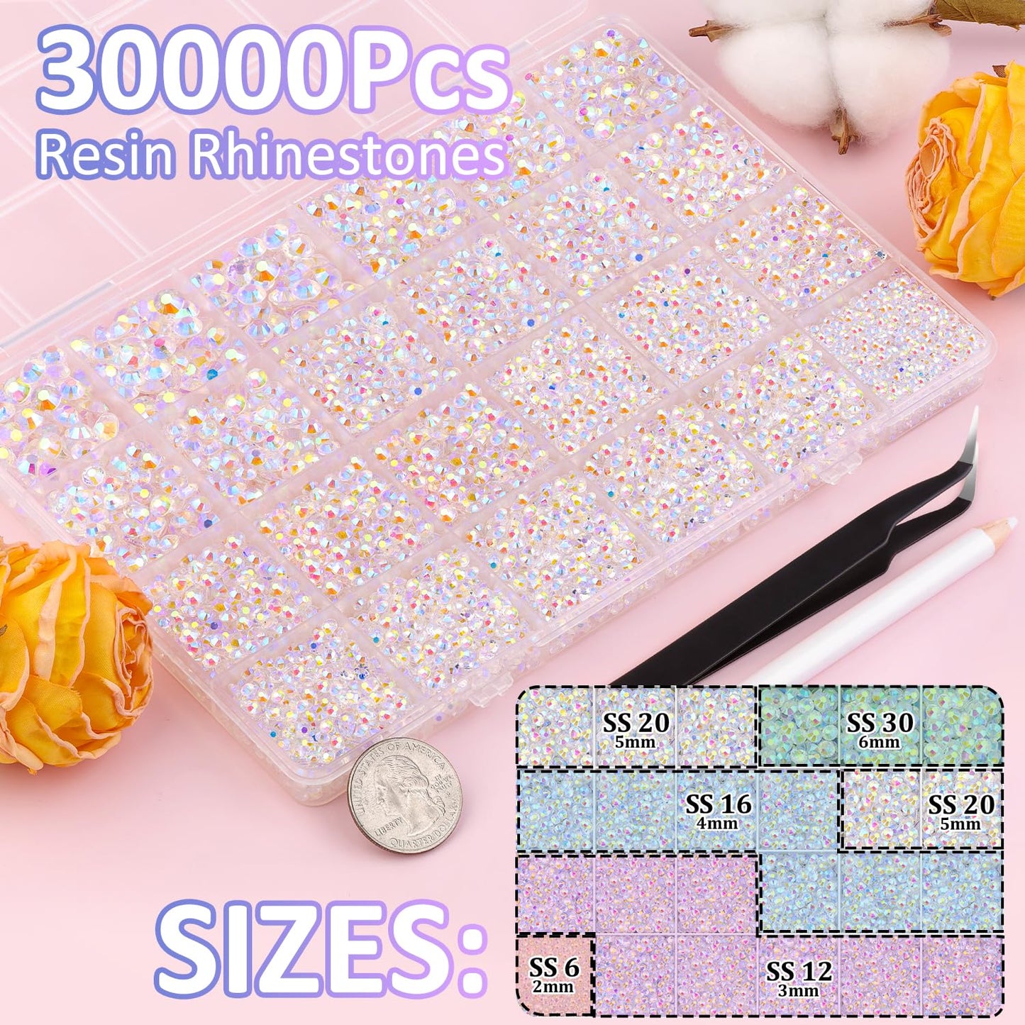 30000Pcs Transparent AB Rhinestones for Bedazzling with B7000 Jewelry Glue, Bedazzler Kit Flatback Gems, Resin Rhinestones for Crafting Crafts Clothing Shoes Fabric Nail Art Assorted Size 2/3/4/5/6mm