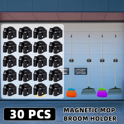 30 Pcs Magnetic Mop Broom Holder Movable Magnetic Broom Holder Rack, Anti Slip Wall Mounted Utility for Cleaning Tools, Garage, Kitchen, Laundry, Garden (Black)