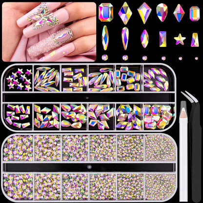 3220Pcs AB Glass Nail Rhinestones 120Pcs Multi Shapes Flatback Gems Crystal + 3100Pcs 1.5-4mm Round Beads, Manicure Diomand Jewelry Gemstones for Nail Design Makeup Acrylic Nails Decoration