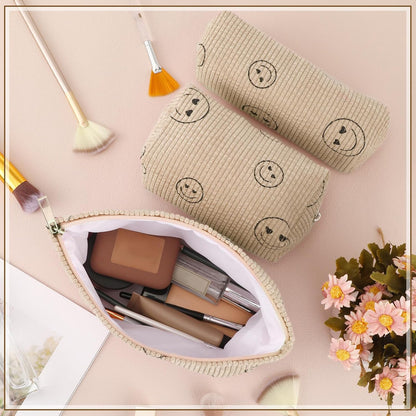 3 Pcs Makeup Bag Set for Women Corduroy Cosmetic Pouch Aesthetic Smile Travel Toiletry Bag Cute Purse Pouch Pencil Case Makeup Brushes Storage Organizer for Christmas(Khaki,Smile Face)