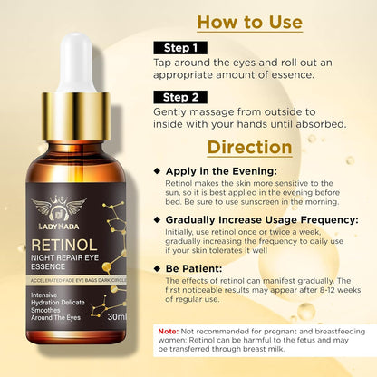 LADY NADA Retinol Eye Serum – Anti-Aging Night Treatment with Collagen, Vitamin E & Natural Extracts – Smooths Fine Lines, Deeply Hydrates, Long-Lasting Effect – For All Skin Types – 1.0 fl oz