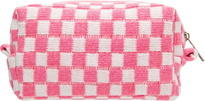 Checkered Makeup Bag for Purse Portable Zipper Make Up Pouch Small Cosmetic Case for Travel Accessories Pink White