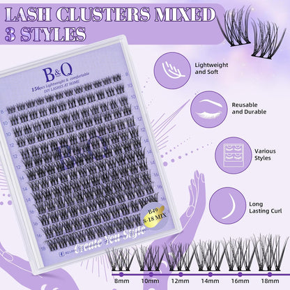 Lash Extension Kit B49 Eyelash Extension Kit B&Qaugen DIY Lash Extension Kit 156 PCS Lash Clusters 8-18mm Cluster Eyelash Extensions Kit with Lash Bond and Seal Lash Applicator Tool (Kit,B49)