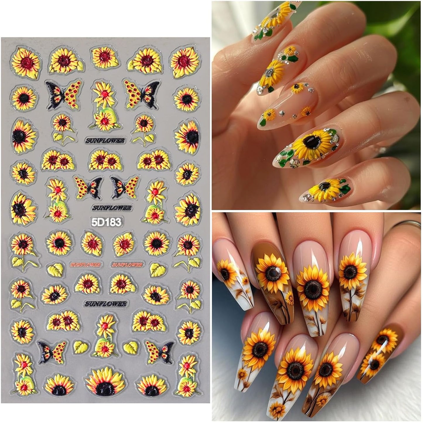 4 Sheets 5D Flower Nail Art Stickers Embossed Nail Decals Autumn Nails Art Design 3D Self-Adhesive Sunflowers Yellow Flower Nails Stickers for Women DIY Decoration