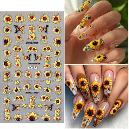 4 Sheets 5D Flower Nail Art Stickers Embossed Nail Decals Autumn Nails Art Design 3D Self-Adhesive Sunflowers Yellow Flower Nails Stickers for Women DIY Decoration
