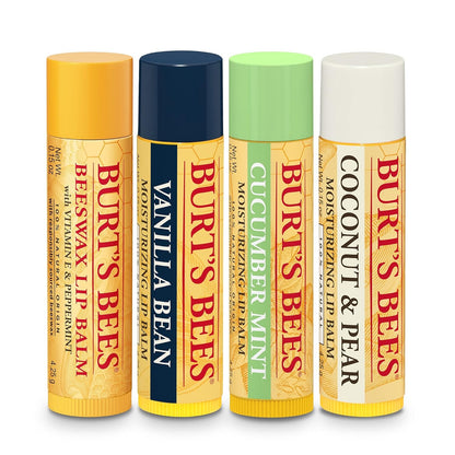 Burt’s Bees Holiday Gift, 4 Lip Balm Stocking Stuffer Products, Beeswax Bounty Assorted Set - Original Beeswax, Vanilla Bean, Cucumber Mint & Coconut Pear (Old Verison)
