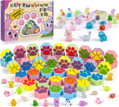 Bath Bombs for Kids With Surprise Inside, 40 Large Number Pack Paw Shape Gift Set, Natural Organic Bubble Bath Fizzy for Girls Boys With Bath Toys Inside