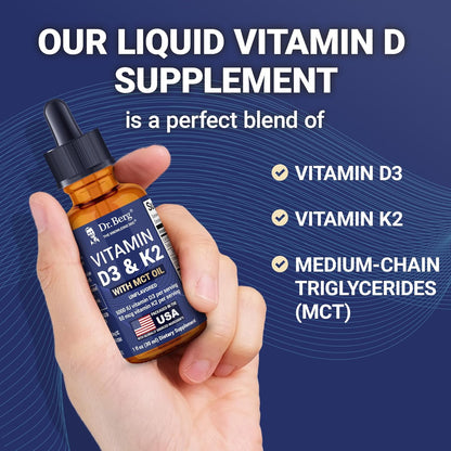 Dr. Berg Maximum Strength Vitamin D3 K2 Liquid Drops with MCT Oil – 5,000 IU Liquid Vitamin D3 with K2 – Supports Strong Bones, Heart, Energy, Immunity, and Overall Vitality* - Unflavored 1 Fl Oz