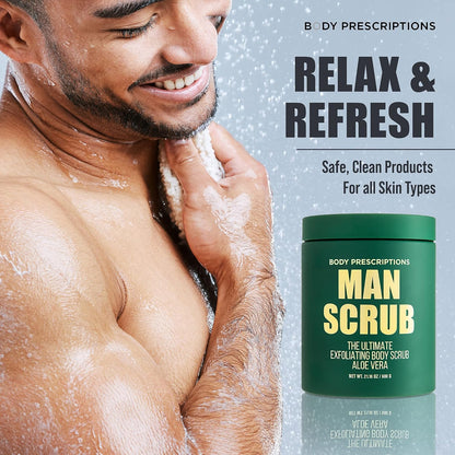 Body Prescriptions Men’s Exfoliating Body Scrub – Ultimate Skin Cleansing Wash in Jar with Twist-Top Lid, For All Skin Types, 21 Ounce (Pack of 4), Aloe Vera