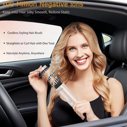 Cordless Hair Curling Iron Brush, 1.5" Mini Cordless Hair Curler, 3-in-1 Travel Curling Brush Hair Straightener Comb Rechargeable, 7000mAh Portable Ionic Heated Curling, Gold