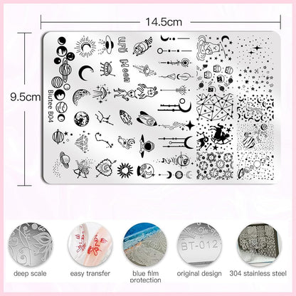 Biutee 4PCS Nail Stamping Plates Set, Includes Nail Art Stamper & Scraper - French Line Lace, Space, Animal, Flower, Leaf Designs - Large Nail Art Stencils Templates for DIY Manicure