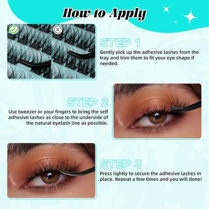 120PCS Self Adhesive Eyelashes Natural C Curl 8-16mm Self Adhesive Lash Clusters,No Lash Glue Needed,Impress Lashes Wide Stem Lashes Extension