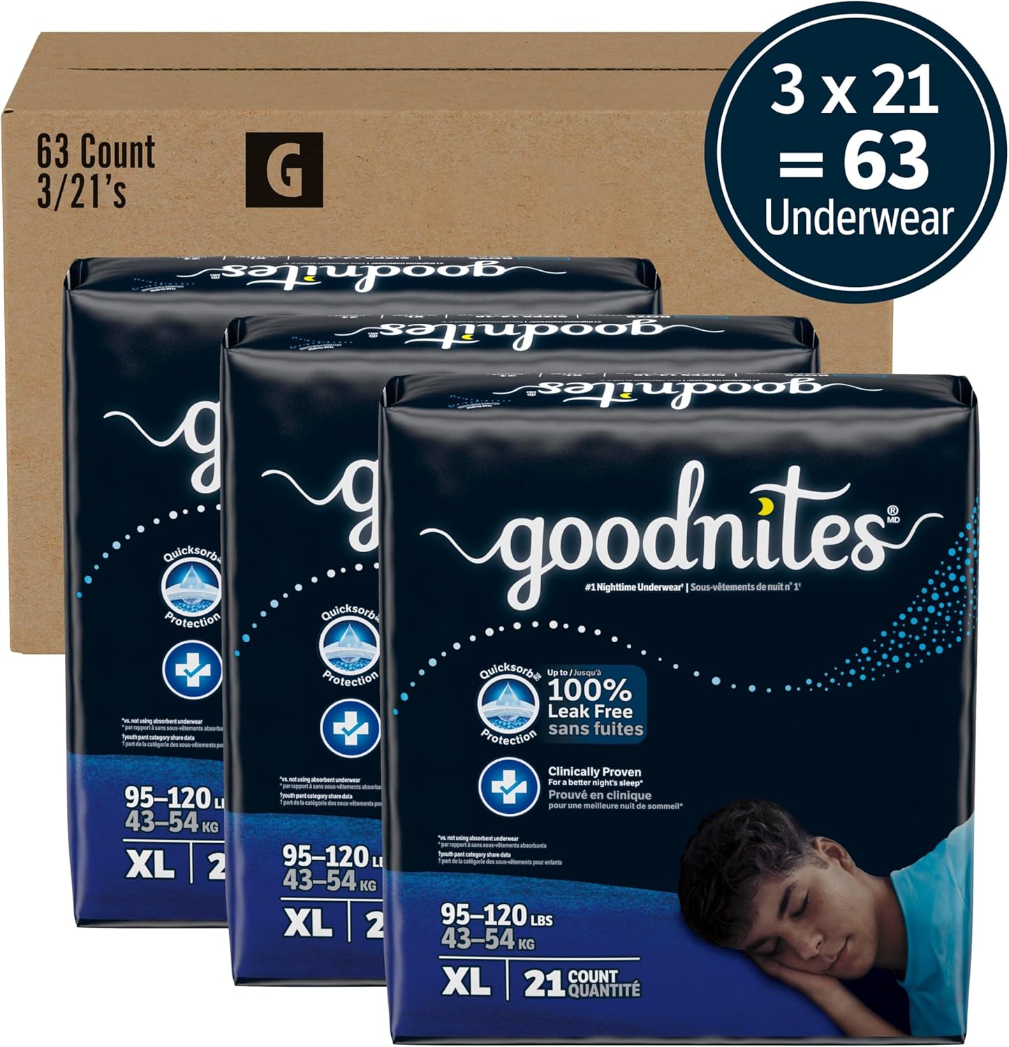 Goodnites Boys' Nighttime Bedwetting Underwear, Size Extra Large (95-120 lbs), 63 Ct (3 Packs of 21), Packaging May Vary