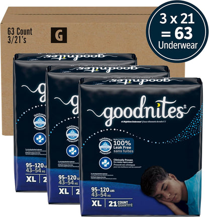 Goodnites Boys' Nighttime Bedwetting Underwear, Size Extra Large (95-120 lbs), 63 Ct (3 Packs of 21), Packaging May Vary