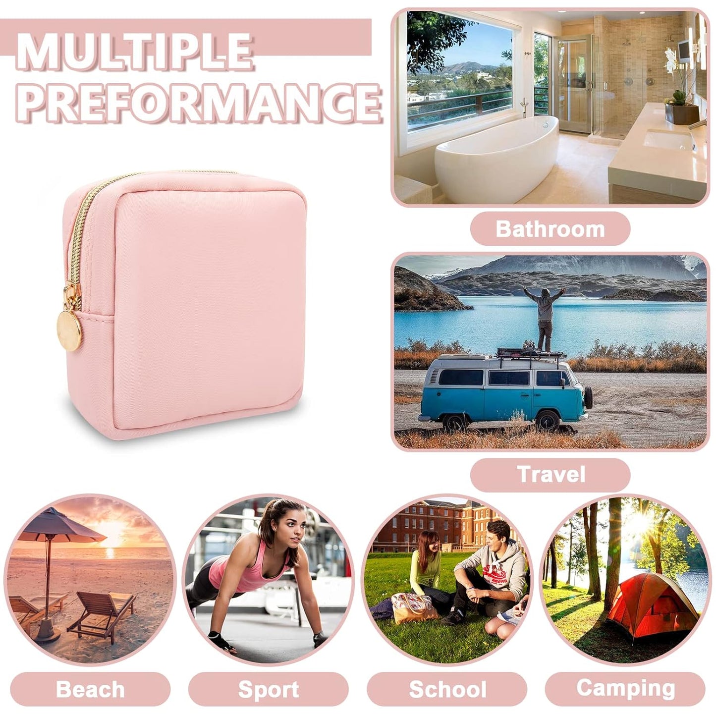 Mini Makeup Pouch for Purse, Small Cosmetic Bag Pouch Nylon Travel Toiletry Organizers Bag for Women Girls, Cute Zipper Coin Purse Preppy Storage Purse for School Work(Mini-Flamingo)