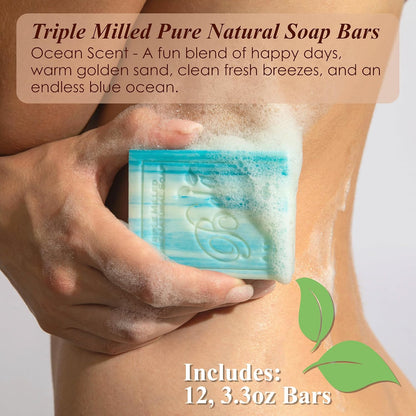 BELA Ocean Soap 3.3 OZ, Pack of 12, Long Lasting French Triple Milled Bar Soap with Organic Shea Butter, Hand Face, and Body Wash Bar, Made in Australia
