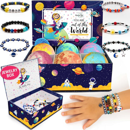 Bath Bombs for Kids with Surprise Inside, Bath Bombs with Surprise Jewelry & Jewelry Box - Organic, Skin Moisturizing, Natural Kids Space Galaxy Bracelets, Birthday Gifts for Boys, Girls