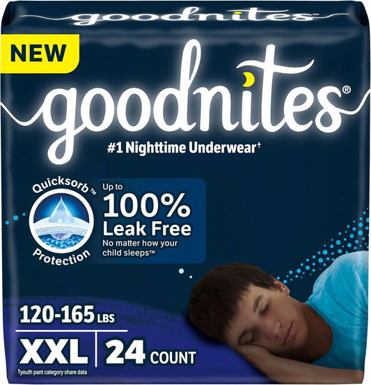Goodnites Boys' Nighttime Underwear, Size XXL (120-165 lbs), 24 Ct (2 Packs of 12), Packaging May Vary