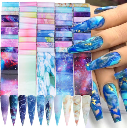 Nail Foils Transfer Nail Art 50PCS Holographic Starry Sky Stickers Marble Decals Nail Supplies Colorful Gradient Pink Blue Nail Art Foil Transfer Sheets Paper for Women DIY Designs Manicure Accessory